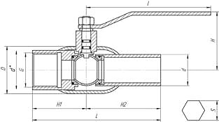 Кран шаровый спускной приварной LD КШЦС для воды - схема, спецификация